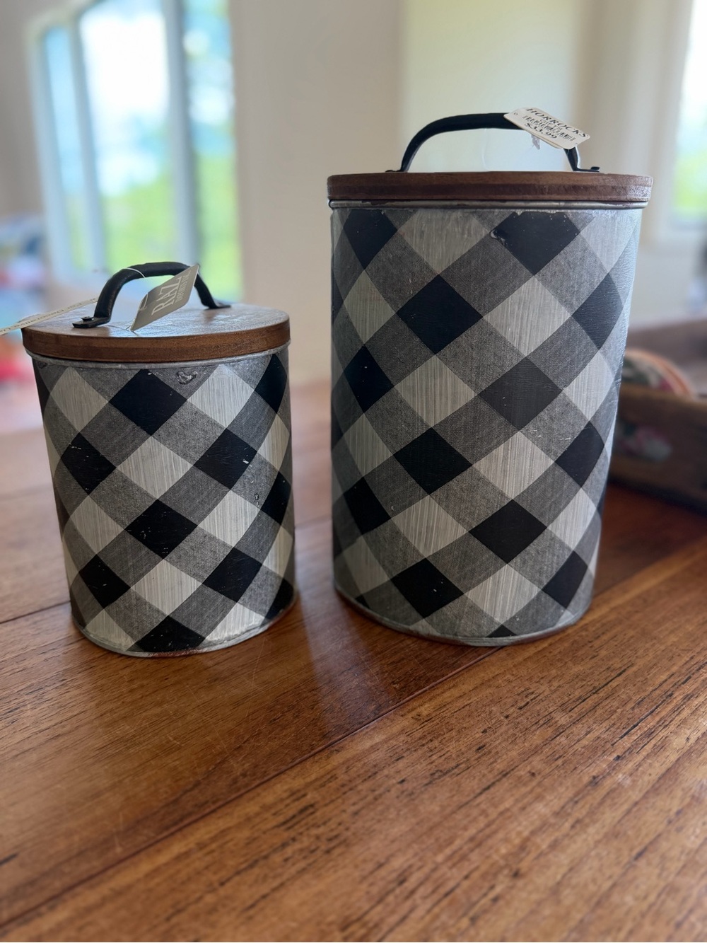 NWT RAZ Imports Inc Black & White Buffalo Check Storage Canister Set Wood Lids
